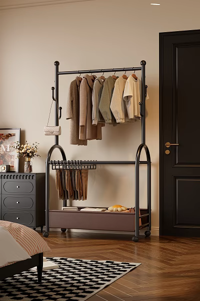 Modern Black Metal Clothes Rack Design With Hanging Sweaters Shirts And Handbag For Home Bedroom 3d model