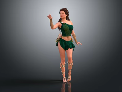 Fantasy Female Character In Green Outfit With Brown Hair And Decorative Boots Displaying Elegant Pose 3d model