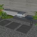 Stepping Stones in Garden with Lush Greenery Small Waterfall Gray Wall and Pebble Ground