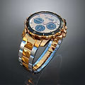 Fashionable Modern Watch With White Dial Gold Silver Stainless Steel Band And Blue Subdials