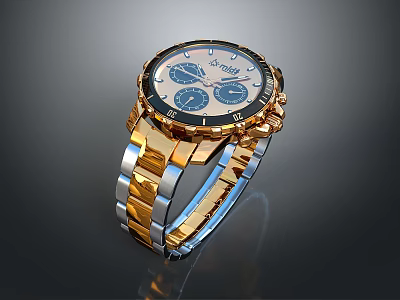 Fashionable Modern Watch With White Dial Gold Silver Stainless Steel Band And Blue Subdials 3d model