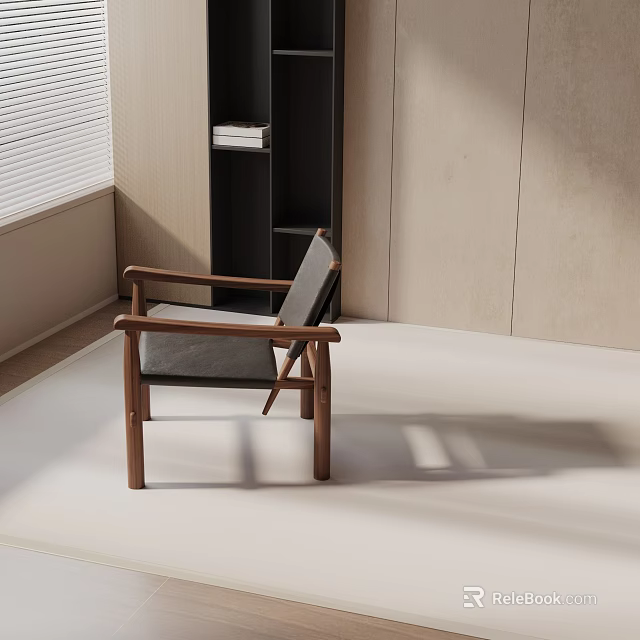 Minimalist Leisure Chair With Wooden Armrests And Gray Cushion In Natural Light 3d model 