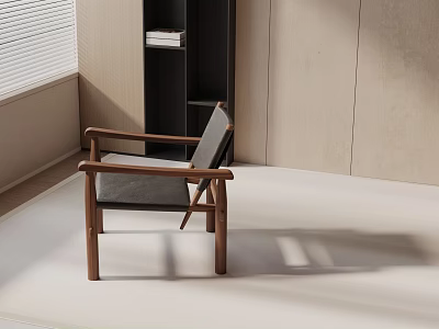 Minimalist Leisure Chair With Wooden Armrests And Gray Cushion In Natural Light 3d model