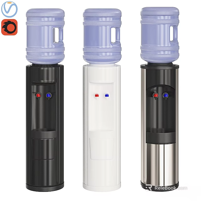Modern Water Dispensers In Black White Silver With Blue Red Buttons And Top Water Bottle 3d model 
