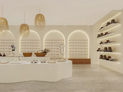 Modern Boutique Interior With Curved Shelves Hanging Lamps And White Display Counter 3d model