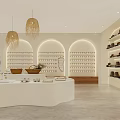 Modern Boutique Interior With Curved Shelves Hanging Lamps And White Display Counter