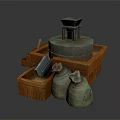 Traditional Stone Mill Setup With Wooden Frame Burlap Sacks And Mortar On Stand