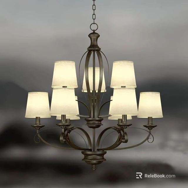 Classic Vintage Chandelier With White Fabric Lampshades And Intricate Metal Frame 3d model 