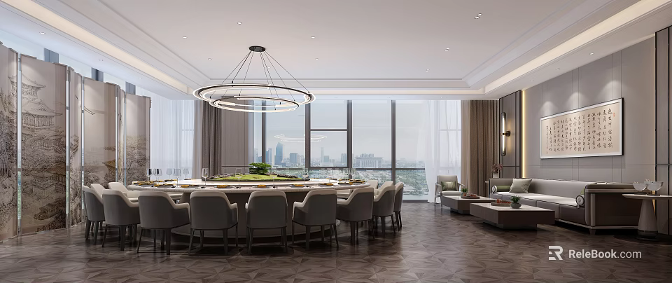 Spacious Private Dining Room With Round Table Chandeliers City View And Sofa Area 3d model 