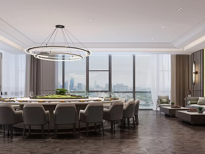Spacious Private Dining Room With Round Table Chandeliers City View And Sofa Area 3d model