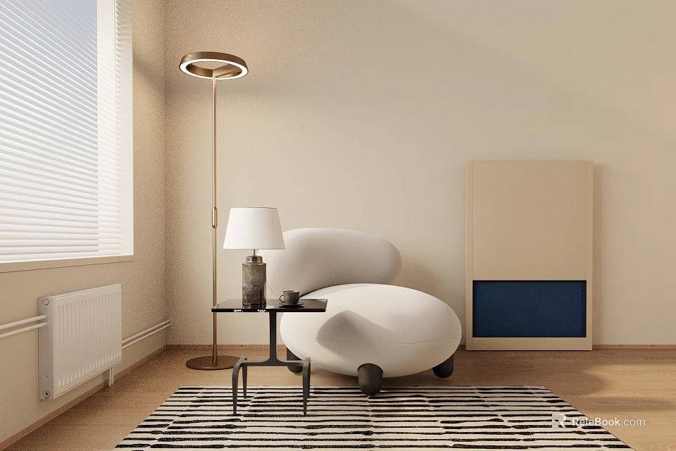 Modern White Single Sofa With Side Table Floor Lamp On Striped Rug Light Wall Wooden Floor 3d model 