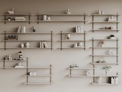 Wall Mounted Shelving Units For Storage And Display With Books Decorative Figurines And Small Plants 3d model
