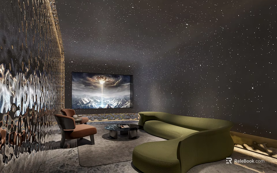 Luxurious Home Theater with Starry Ceiling Large Screen and Green Sofa 3d model