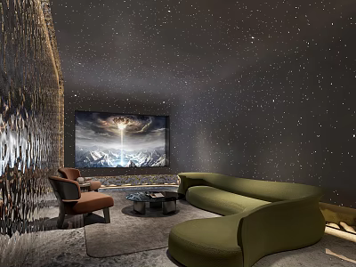 Luxurious Home Theater with Starry Ceiling Large Screen and Green Sofa 3d model