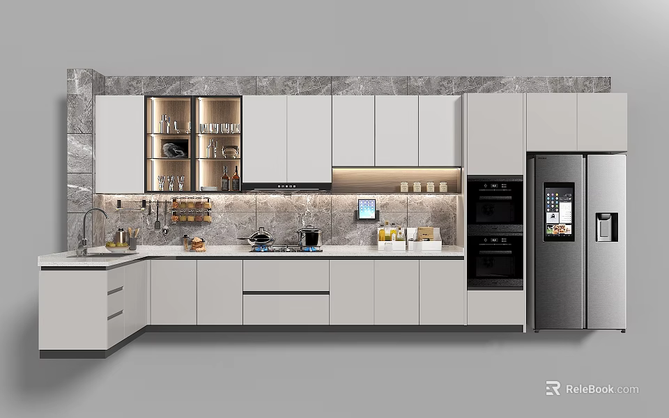 Modern Kitchen Interior With White Cabinets Gray Marble Backsplash And Kitchen Appliances 3d model 