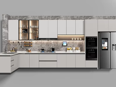 Modern Kitchen Interior With White Cabinets Gray Marble Backsplash And Kitchen Appliances 3d model