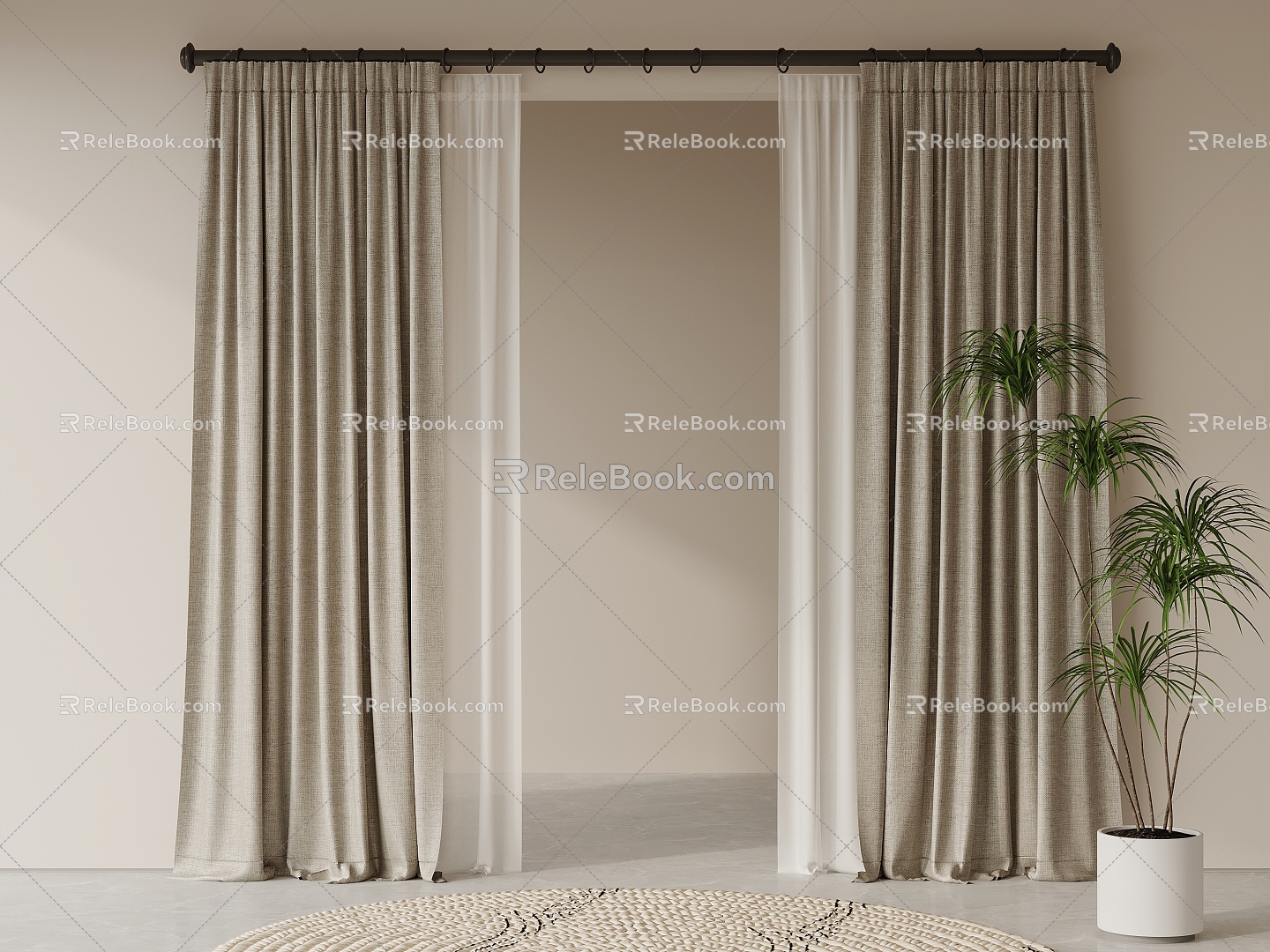 Curtain Cloth Curtain Gauze Curtain Roman Rod Green Plant 3d model