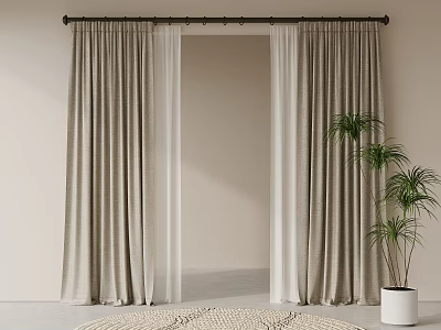Beige Linen Curtains In Modern Interior With Potted Plant And Round Rug 3d model