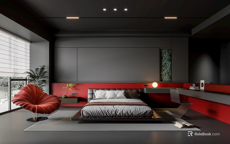 Modern Bedroom with Black Walls Red Accents Red Chair Green Plant and Comfortable Bed 3d model 