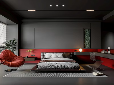 Modern Bedroom with Black Walls Red Accents Red Chair Green Plant and Comfortable Bed 3d model