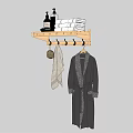 Wooden Wall Mounted Storage Shelf with Liquid Soap Bottles Towel and Bathrobe on Hooks