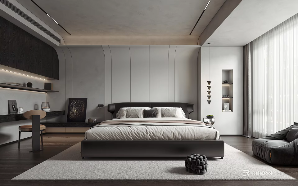 Modern Luxury Bedroom Interior Design With Large Bed Rug Gray Walls And Wooden Flooring 3d model 