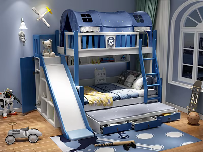 Blue Bunk Bed with Slide and Storage Drawers in Kids Room with Starry Design 3d model