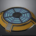 Futuristic Circular Platform With Orange Rim Blue Glowing Lines And Central Emblem