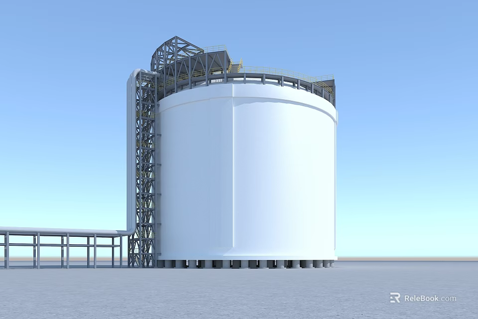 Large White Cylindrical Storage Tank With Metal Structure Platforms Blue Sky Background 3d model 
