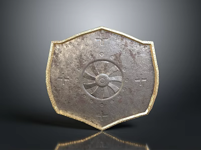 Shield Shaped Metallic Sculpture With Intricate Radiant Pattern And Golden Edge 3d model