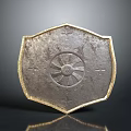 Shield Shaped Metallic Sculpture With Intricate Radiant Pattern And Golden Edge
