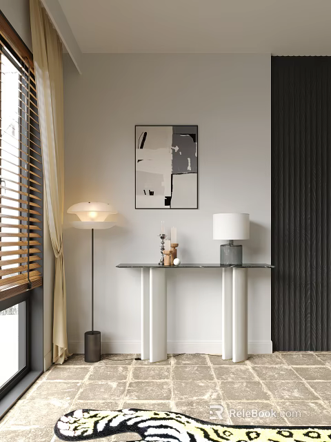 Modern Console Table Design With Marble Top Decorative Lamps And Wall Art 3d model 