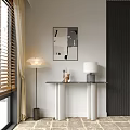 Modern Console Table Design With Marble Top Decorative Lamps And Wall Art