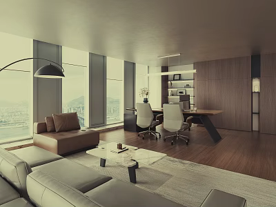 Modern Office Interior Design With Large Windows City View Sofa And Ergonomic Chair 3d model