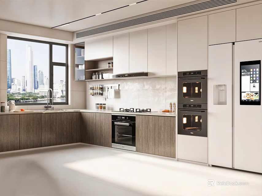 Modern Kitchen Interior With White Cabinets Wooden Accents And Built In Appliances 3d model 