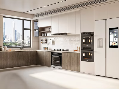 Modern Kitchen Interior With White Cabinets Wooden Accents And Built In Appliances 3d model