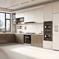 Modern Kitchen Interior With White Cabinets Wooden Accents And Built In Appliances