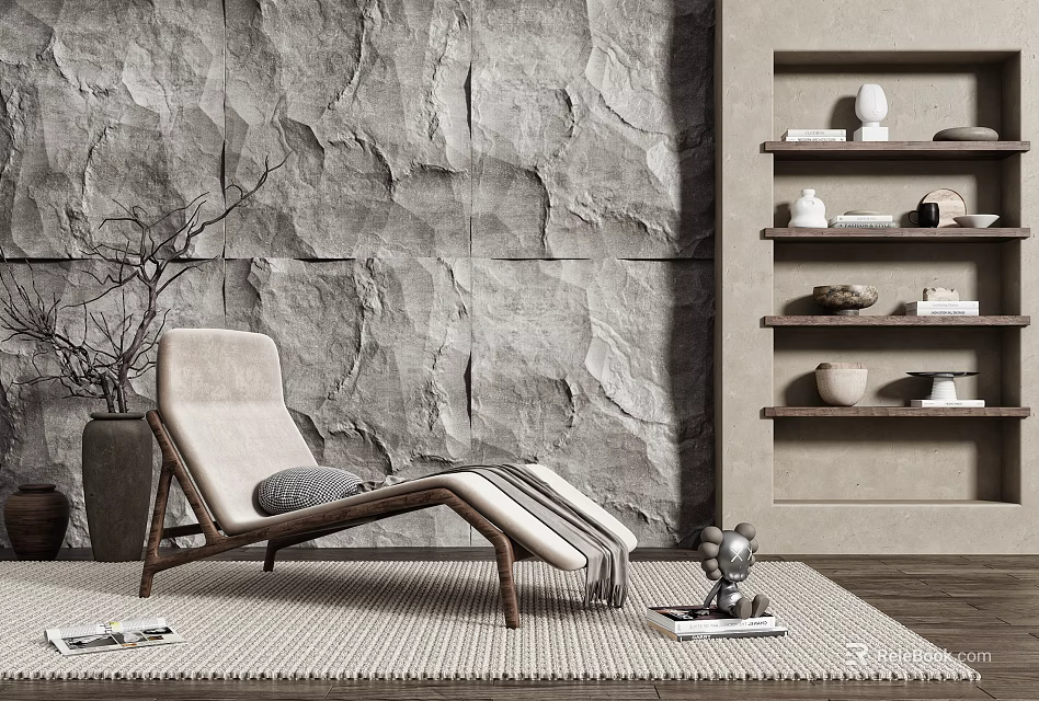 Modern Light Lounge Chair with Stone Wall Wooden Shelves and Woven Rug Decor 3d model 