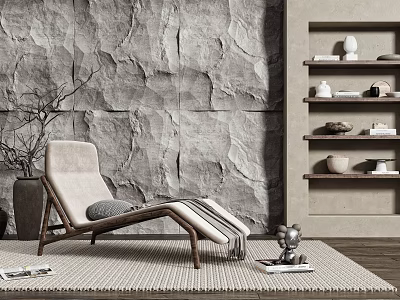 Modern Light Lounge Chair with Stone Wall Wooden Shelves and Woven Rug Decor 3d model