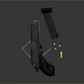 Black Handgun With Magazine Bullets And Holster On Dark Background