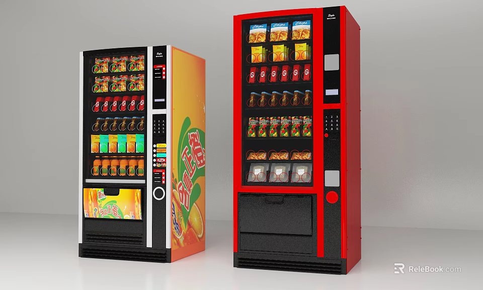 Black Orange Red Commercial Vending Machines With Drinks And Snacks For Business Use 3d model 