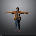 A Man With Cap In Brown Jacket Black T-shirt Blue Jeans Arms Outstretched Gray Background
