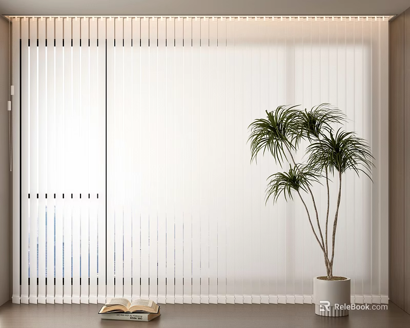 Light Filtering White Vertical Blinds in Room with Green Plant and Open Book 3d model 