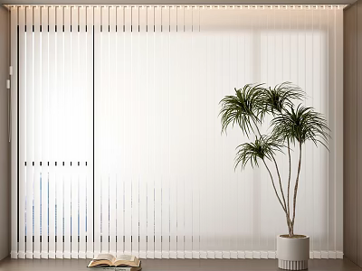Light Filtering White Vertical Blinds in Room with Green Plant and Open Book 3d model