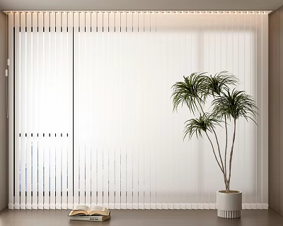 Light Filtering White Vertical Blinds in Room with Green Plant and Open Book 3d model