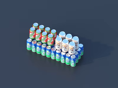 Beverage Cans In Various Colors Stacked Neatly On Dark Smooth Background Surface 3d model
