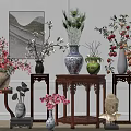 Traditional Ceramic Vases With Blooming Flowers And Decorative Branches In Chinese Style Interior
