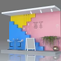 Colorful Window Display With Staircase Design Yellow Pendant Lights Bar Stools Signboard And Green Plants