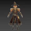 Fantasy Scarecrow Game Movie Character With Pumpkin Head Jack o Lantern Face And Feathered Coat