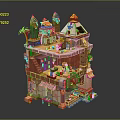 Cartoon Style Multi Level Castle Scene With Towers Palm Tree And Colorful Brick Details